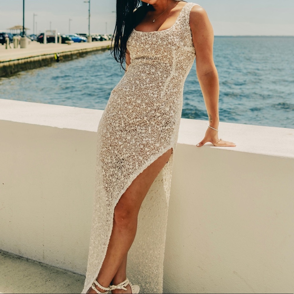 NADINE MERABI Ivory Beaded Lace Gown with High Side Slit